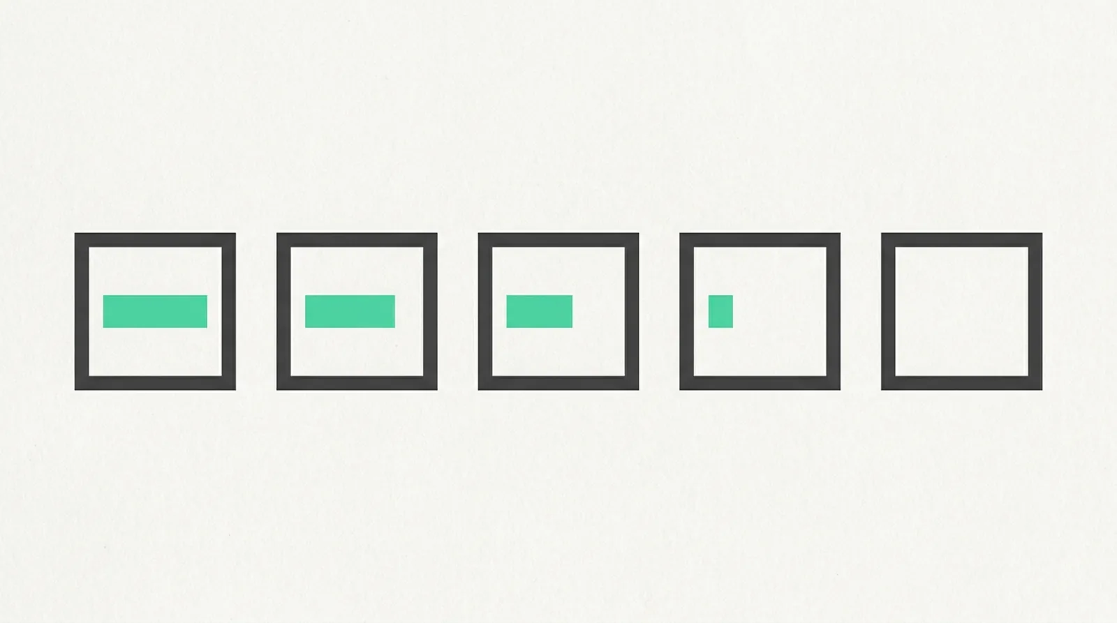 A row of small dark squares, each holding a shrinking green bar, the last one empty.