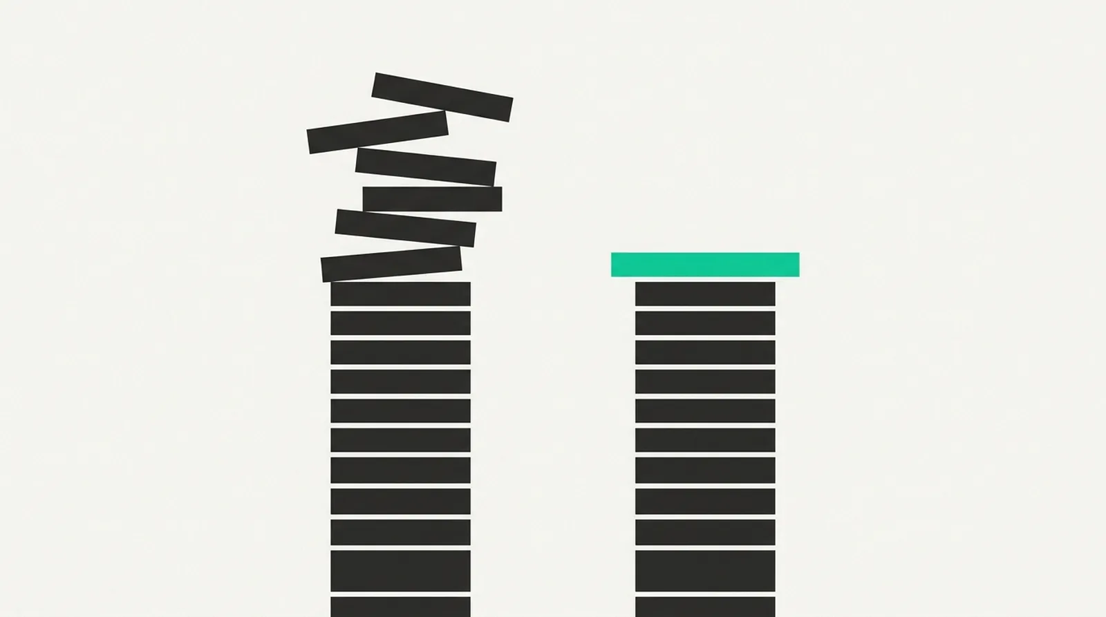 Two columns of small blocks, one growing taller, the other held level by a green bar across the top.