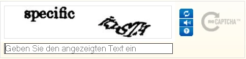 A 2014 Google reCAPTCHA box with a German interface, showing the printed word 'specific', a second scanned word too warped to read, and an empty text field underneath.
