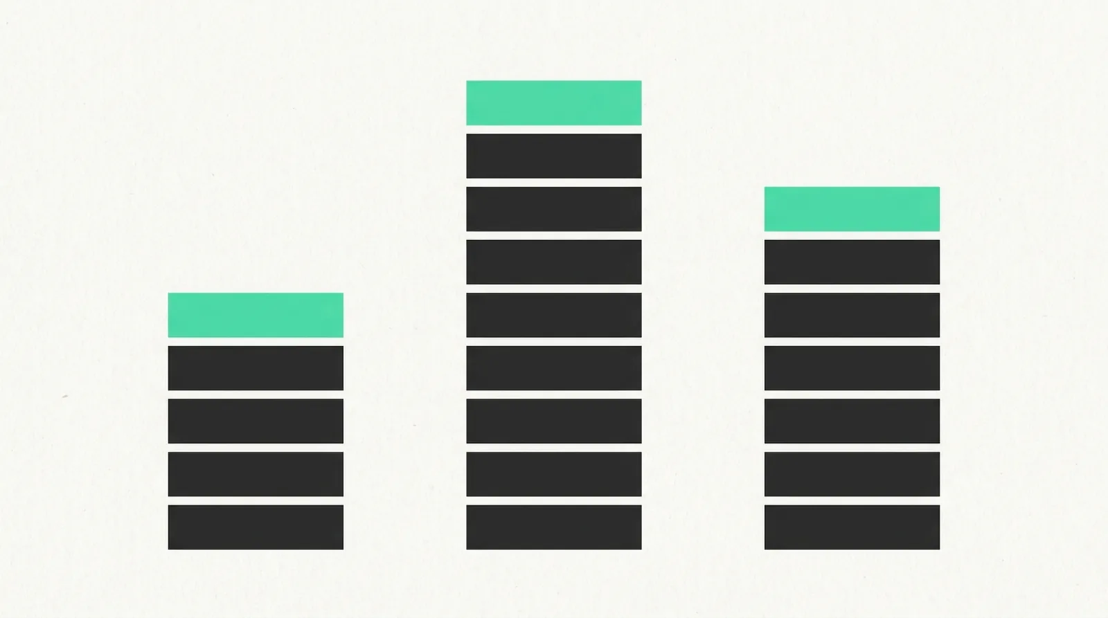 Three separate small columns of blocks, settling into the same shape, with a green block at the top of each.
