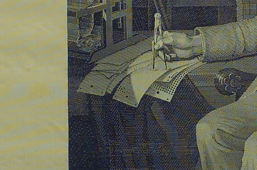 A close crop of the woven portrait showing Jacquard's hand resting on a stack of punched cards, the holes clearly visible.