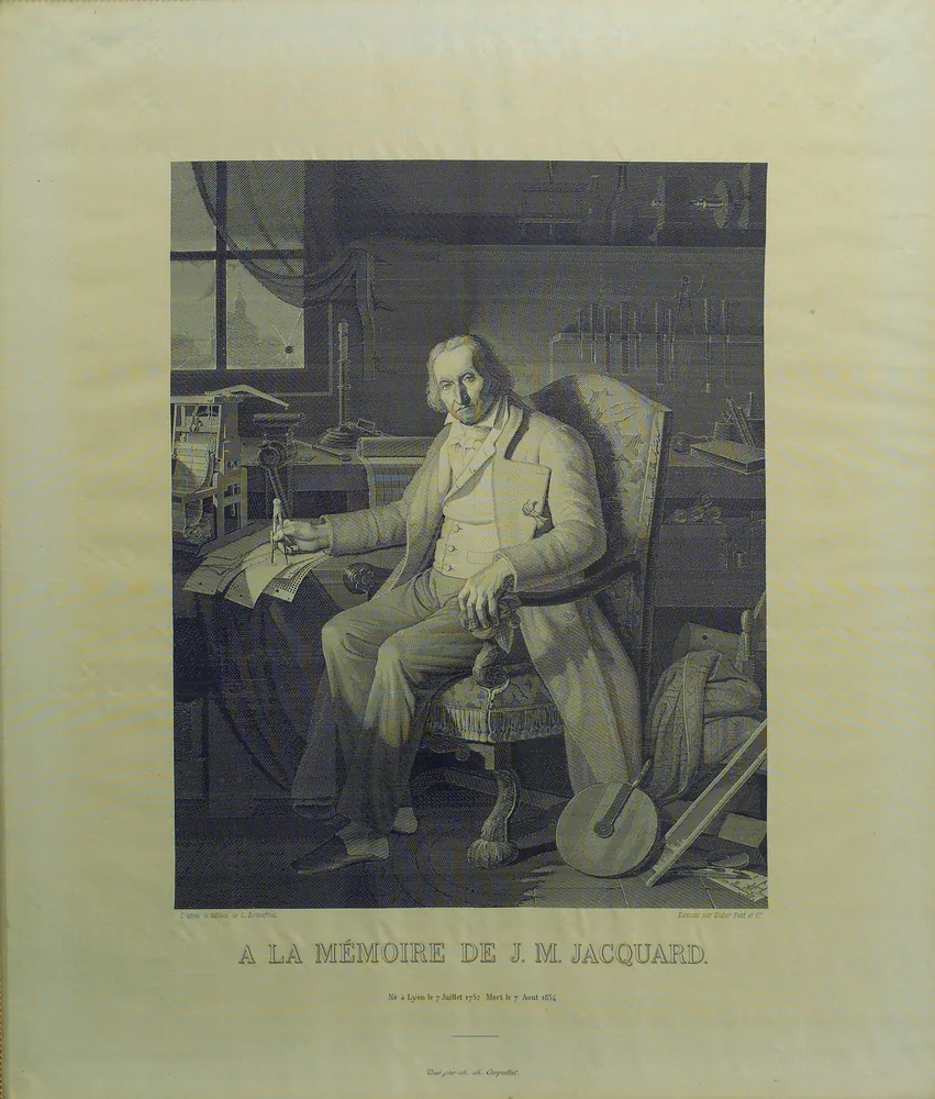 A portrait of Joseph-Marie Jacquard seated beside his loom, woven in silk in 1839.